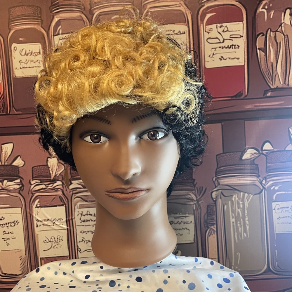 Curly Blonde and Black Synthetic Wig Bundle.5 Piece Set.